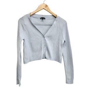 Kendall & Kylie Cropped Sweater Light Blue Size Small V-Neck‎ Ribbed Long Sleeve